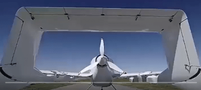 The back view of the new vertical lifting drone with back propelling rotor called 'CORA'