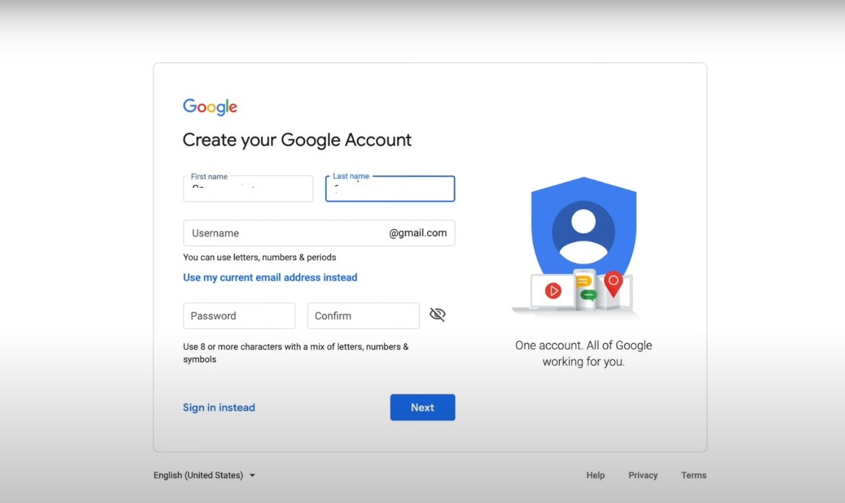 Google Account Creation Page